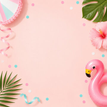 Summer birthday party flat lay with pink flamingo float, party hat, hibiscus, and copy space