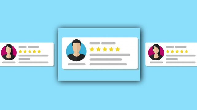 Animated Customer Profile Rating Cards Interface with Five Star Reviews for Business Presentation, User Experience, CRM, Feedback, Marketing, and Mobile App Explainer