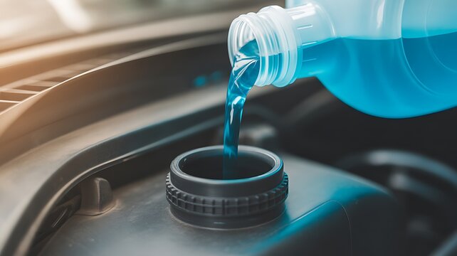 Mechanic pouring blue windshield washer fluid into reservoir in car engine compartment