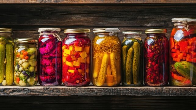 Assortment of vibrant fermented vegetables and preserves in glass jars on wooden shelves
