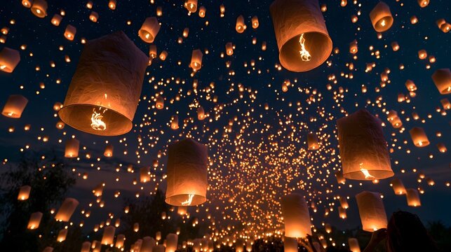 A breathtaking night sky filled with glowing paper lanterns floating upwards among twinkling stars