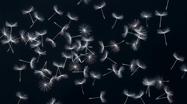 Dandelion seeds floating in mid-air. Soft white fluff drifting against a dark background. Ethereal nature scene for editorial and creative projects.