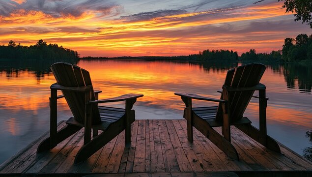 Two Adirondack chairs face a vibrant sunset over a tranquil lake