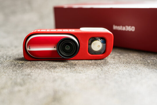 Bangkok, Thailand - July 11, 2026 : Insta360 GO 3S Retro Bundle Action Camera a bold Classic Red.