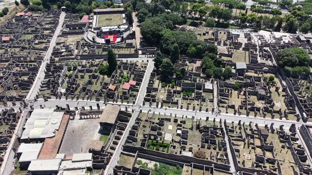 aerial view of Historic streets of Ancient  roman city of Pompeii Italy on the shadow of Mt Vesuvius