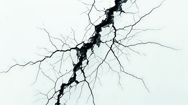 Cracked, broken, and damaged asphalt road with visible lines and cracks isolated on transparent background