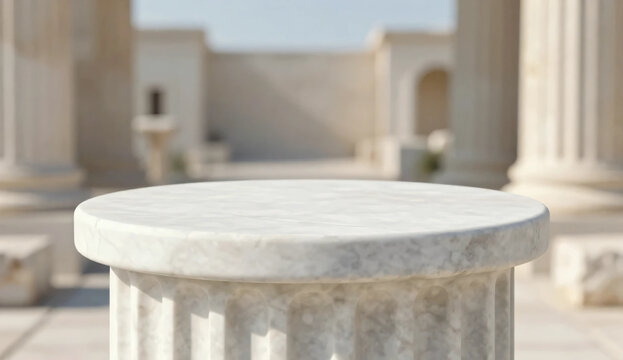 Ancient Greek white marble column podium with flat top, empty classical architectural background product mockup