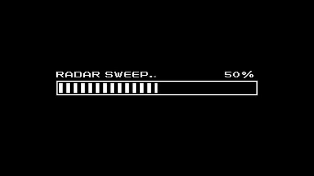 Retro pixel art radar sweep loading progress bar animation zero to one hundred percent isolated on black background for classic arcade video game UI in 4K resolution