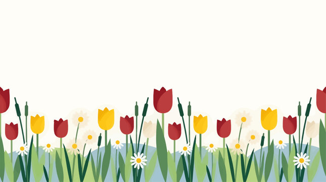 Flat Design Spring Border with Red Yellow Tulips Daisies and Cattails, Lush Green Stems and Leaves Beside Blue Water, White Copy Space Background