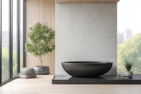 Modern bathroom featuring a freestanding black soaking tub set against a marble wall with large windows overlooking greenery