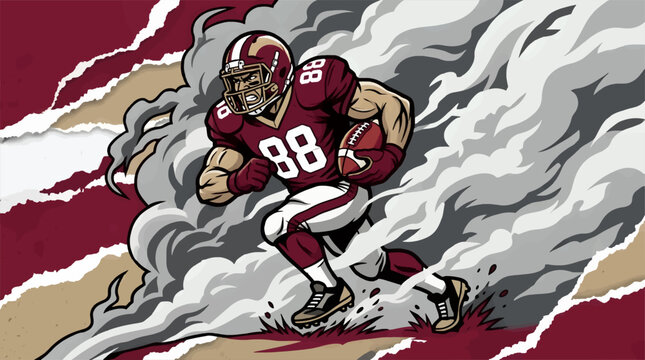 Aggressive American Football Player Running with Ball, Number 88 in Burgundy Uniform, Dynamic Smoke and Torn Paper Background, Flat Vector Illustration