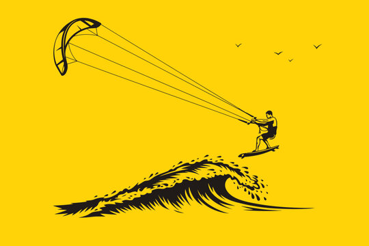 High action vector graphic showing a kitesurfer leaping from a cresting wave, capturing the physics of wind and water on a vivid yellow backdrop