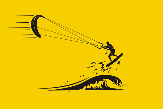 Black silhouette of a kiteboarder soaring high above a breaking wave with a wind kite on a solid yellow background illustrating aerodynamic lift and aquatic sport
