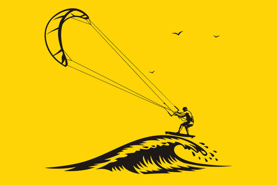 Dynamic vector illustration of a kitesurfer riding a powerful ocean wave against a bright yellow background with distant birds flying in a clear sky