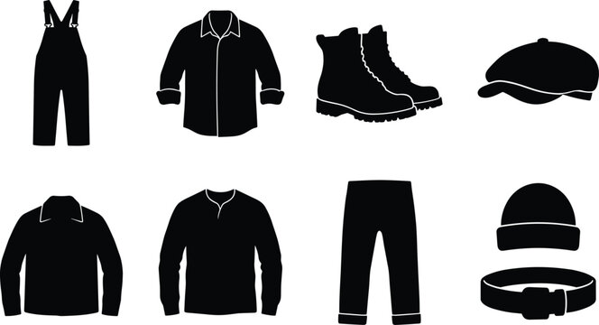 Collection of men workwear silhouettes featuring overalls shirt work boots jacket flat cap and pants isolated on white background