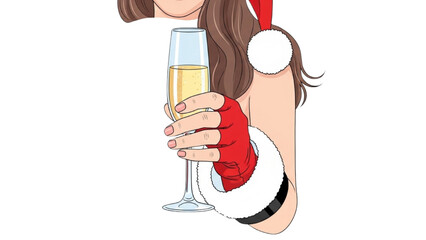 A 2D Vector Illustration of a woman wearing a Santa hat holding champagne © Stock Image Paradise