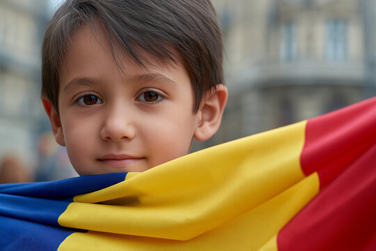 Boy holds Romanian flag during outdoor gathering