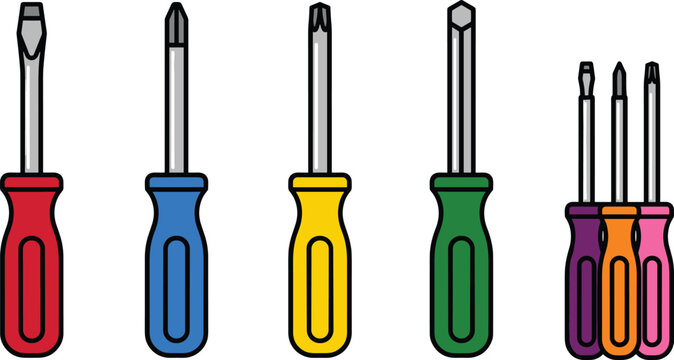 Screwdriver Hand Tool Vector Icon Set Featuring Flathead Phillips Torx and Allen Key Drives for Hardware Repair and Construction Graphic Designs