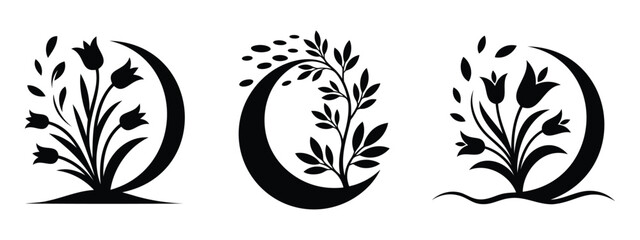 Obraz premium Minimal Botanical Crescent Moon Silhouette Vector Set with, Wildflowers, Nature Logo Collection