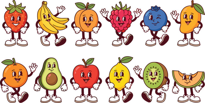 Retro Cartoon Fruit Mascot Collection with Funny Faces Arms and Legs, Groovy Vintage Fruit Character Vector Illustration Set