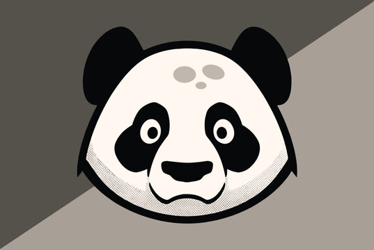 Cute panda head portrait in a clean modern minimalist graphic vector design style on a split background.