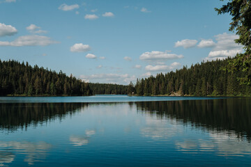 Fototapeta premium Evergreen forest reflected across the still waters of Black Lake in Durmitor National Park, Zabljak, Montenegro. Beautiful mountain landscape beneath scattered summer clouds.