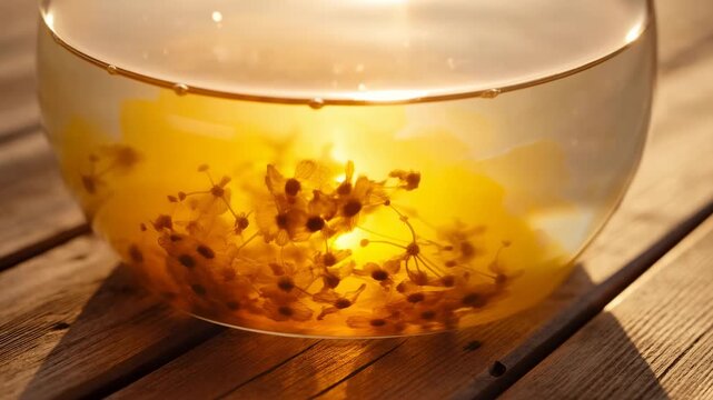 Sunlit glass bowl holding dense cluster of pale yellow blossoms settling into clear water on wooden table, thin stems interlacing with soft golden glow, reflections, shadows, and calm natural still