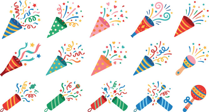Colorful celebration party popper sticker set with exploding confetti streamers stars hearts maracas and festive crackers for birthday and new year vector