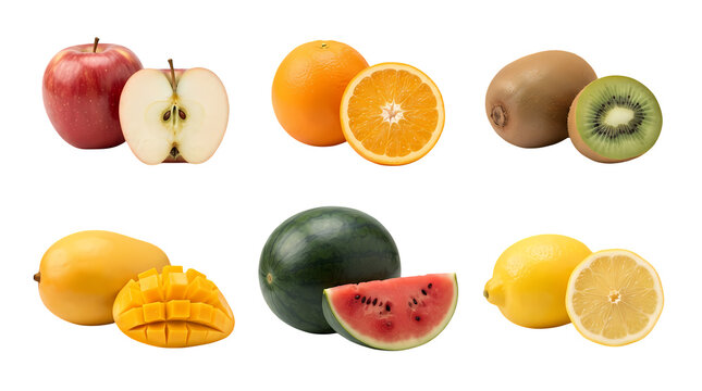 Assortment of fruits whole and sliced apples oranges kiwis watermelon mangoes lemons on checkered background.