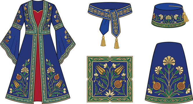 Traditional Ottoman Kaftan Costume Vector Set Featuring Embroidered Blue Robe Fez Hat Sash and Floral Tile Patterns for Turkish Cultural Fashion Designs