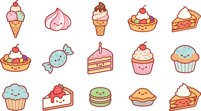 Cute Kawaii Dessert Collection with Icecream Cupcake Tart Cake and Macaron, Sweet Bakery Vector Illustration Set