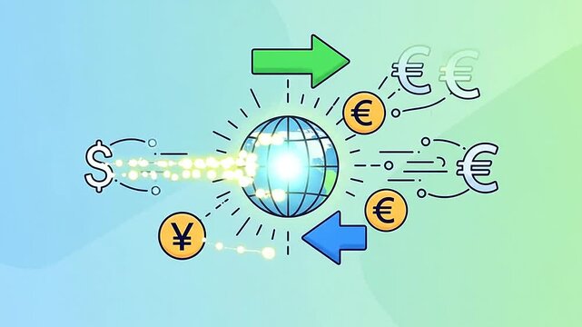 A conceptual illustration showing global financial exchange and international currency conversion