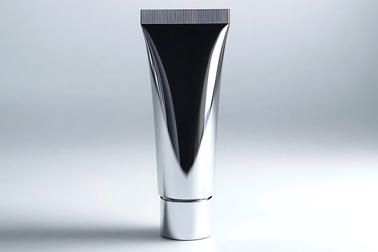 Shiny metallic silver cosmetic tube isolated on white, representing skincare and personal care products.