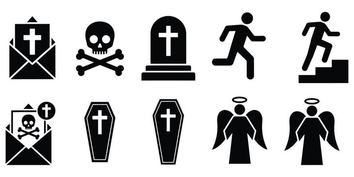 Funeral vector icon featuring death, tombstones, crosses, urns, candles, mourning symbols, memorial graphics, and obituary tribute illustration.