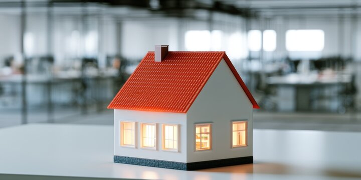 Small, lit house model rests on a table, office blurred background