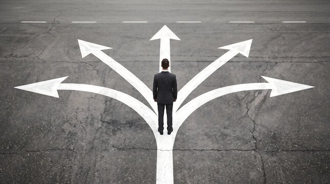 Businessman standing on asphalt road at conceptual crossroad choosing direction with decision business direction strategy opportunities leadership management