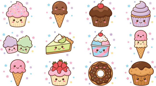 Cute Kawaii Cupcake and Icecream Collection with Cake Slice Donut and Muffin, Sweet Dessert Vector Illustration Set