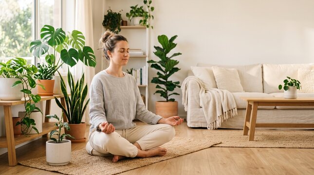 Woman meditating peacefully in a bright living room filled with lush green houseplants and natural light