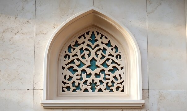 Ornate Islamic architectural window detail with intricate lattice work and stone facade.