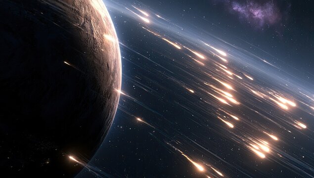 A planet is bombarded by a swarm of glowing projectiles in deep space