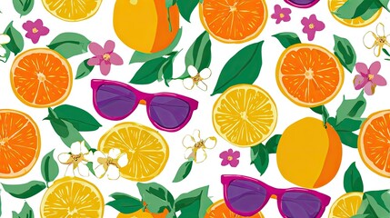Obraz premium seamless pattern of summer citrus fruits, sunglasses without logos and beach flowers