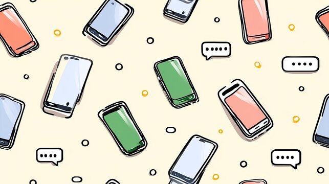 seamless pattern of smartphones without logos, chat bubbles and dots