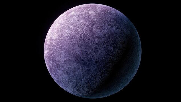 A swirling, textured purple planet against a deep black void