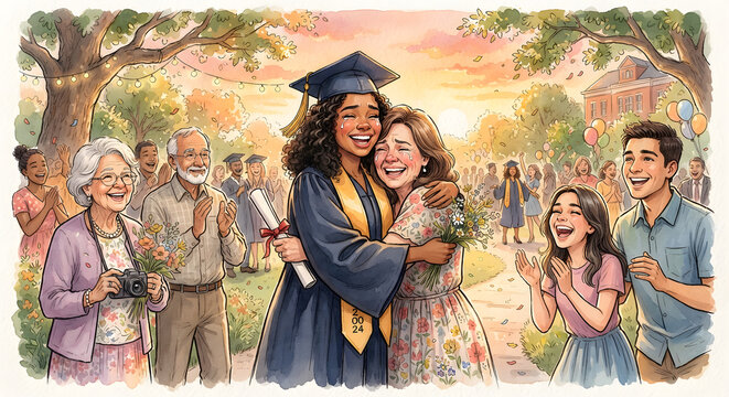 Joyful family celebrating college graduation in park