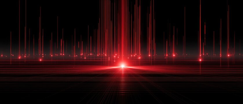 A striking abstract of bright red light beams emanating from a central glow against black