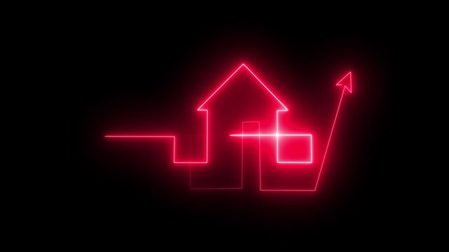 Link &times;Title: Home icon house sign neon lights animation with up arrow  .Neon line home icon. Neon line Cool linear animated home icon. House icon glowing neon light.