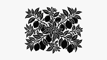 Obraz premium Black and white illustration of citrus fruits and leaves.