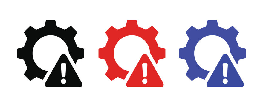Gear icon with warning sign representing technical error, maintenance alert, system issue, repair service, and safety notification symbol.
