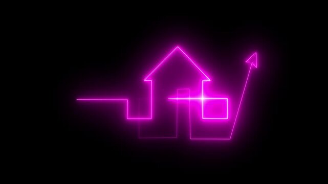 Link &times;Title: Home icon house sign neon lights animation with up arrow  .Neon line home icon. Neon line Cool linear animated home icon. House icon glowing neon light.