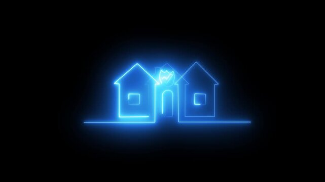 neon red color home icon animation icon property house animated. house in the night glowing neon sign. house building property apartment  glowing home icon animation